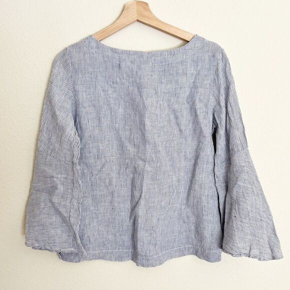 Cynthia Rowley Striped Linen Bell Sleeve Top Womens Size S Blue Casual Coastal - Picture 2 of 6